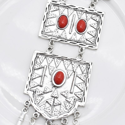 N-7434 Vintage Silver Metal Red Stone Necklace Bracelet Earrings Sets for Women Bohemian Gypsy Party Jewelry Sets