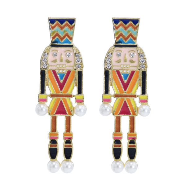 E-5953 Creative Cartoon Nutcracker Enamel Earrings for Women Girls Pearl Dangle Earrings Christmas Jewelry Gift