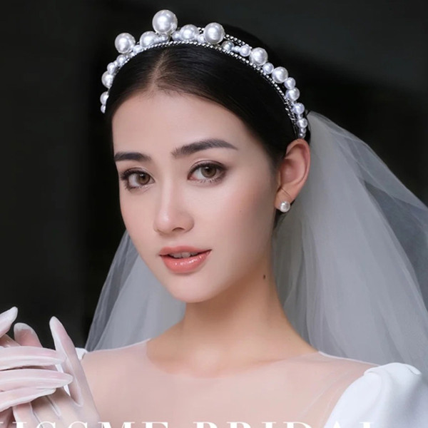 F-0826 Big Pearl Bridal Headband Crystal Rhinestones Gold Silver Tiara Queens Princess Crown for Women Girls Wedding Birthday