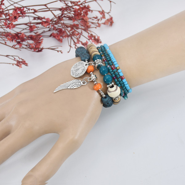 B-1093 5 layers rice beads crystal beaded coin wings pendant bracelet party gift women jewelry