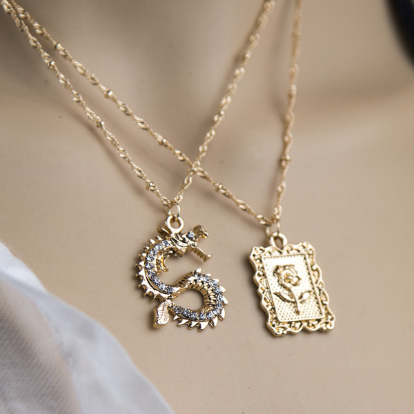 N-7439 Fashion Gold Layered Necklace for Women Rhinestone Dragon Rose Pendant  Choker Chain Necklaces