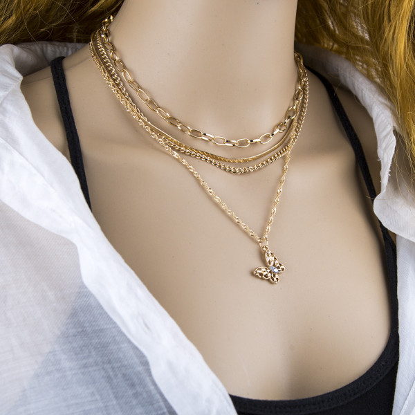 N-7440 Fashion Gold Rhinestone Butterfly Pendant  Necklace for Women Multi-layer Snake Chain Choker Necklaces