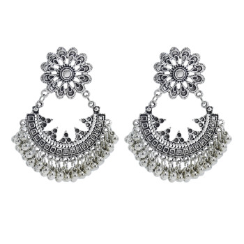 E-5965 Boho Retro Silver Beaded Tassel Dangle Earring for Women  Indian Gypsy Carved Flowers Drop  Earrings