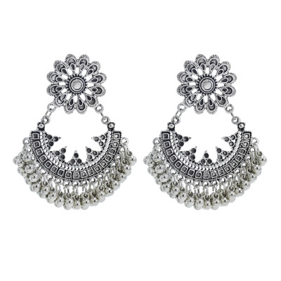 E-5965 Boho Retro Silver Beaded Tassel Dangle Earring for Women  Indian Gypsy Carved Flowers Drop  Earrings