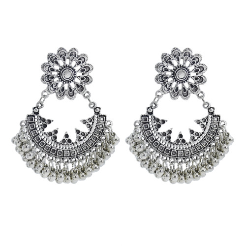 E-5965 Boho Retro Silver Beaded Tassel Dangle Earring for Women  Indian Gypsy Carved Flowers Drop  Earrings