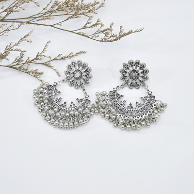 E-5965 Boho Retro Silver Beaded Tassel Dangle Earring for Women  Indian Gypsy Carved Flowers Drop  Earrings