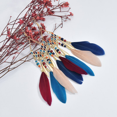E-5967 Bohemian Vintage gold Metal Long Feather Tassel Drop Dangle Earring Gypsy Tribal Festival Party Jewelry Gift