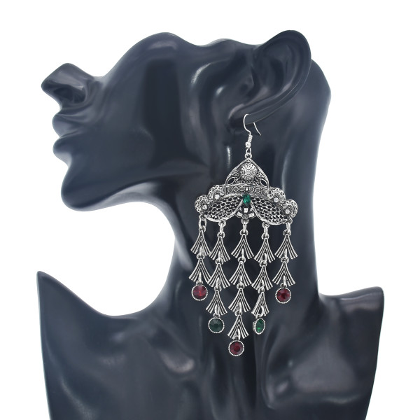 E-5968 Retro Silver Tassel Dangle Earrings for Women  Indian Gypsy Carved Flowers Rhinestone Drop  Earrings
