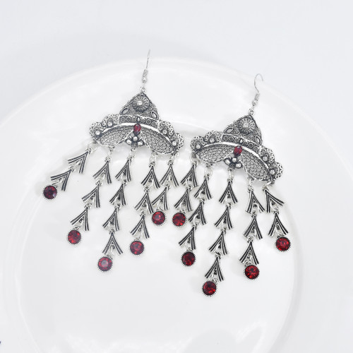 E-5968 Retro Silver Tassel Dangle Earrings for Women  Indian Gypsy Carved Flowers Rhinestone Drop  Earrings