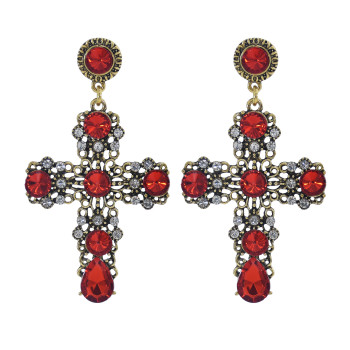 E-5971 Fashion Wedding Jewelry Drop Earrings Renaissance Style Blood Red Crystal Filigree Baroque Cross Earrings