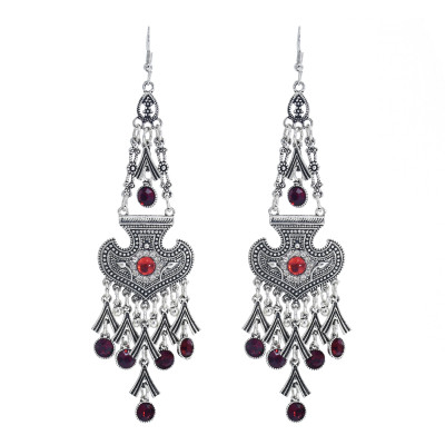 E-5974 Fashion Vintage Wedding Jewelry Drop Earrings Renaissance silver alloy heart Red Crystal tassel Earrings