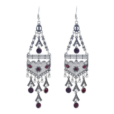 E-5978 Bohemian Vintage Silver Metal Rhinestone Long Tassel Hanging Earrings for Women Indian Party Jewelry Gift