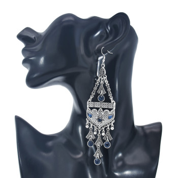 E-5978 Bohemian Vintage Silver Metal Rhinestone Long Tassel Hanging Earrings for Women Indian Party Jewelry Gift