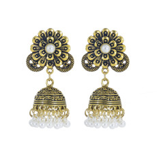 E-5985 Indian Gold Metal Jhumka Earrings for Women Carved Flower Pearl Tassel Statement Earring Party Jewelry