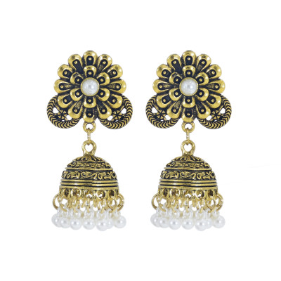 E-5985 Indian Gold Metal Jhumka Earrings for Women Carved Flower Pearl Tassel Statement Earring Party Jewelry