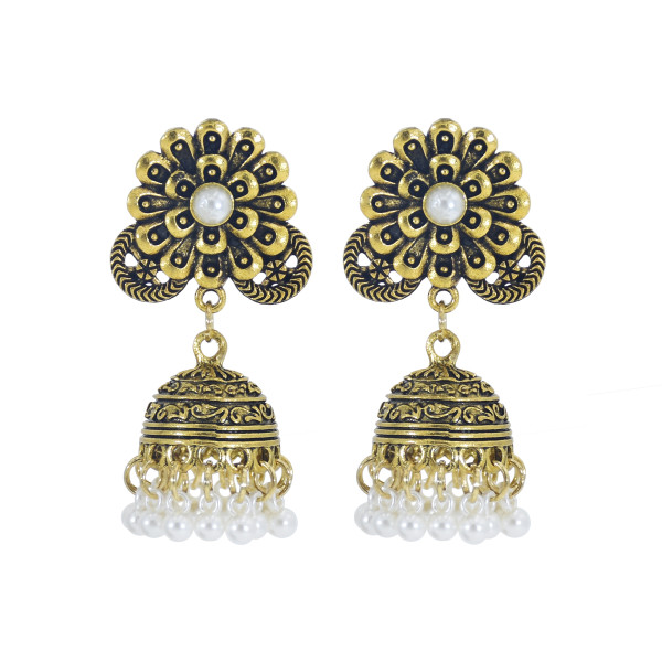 E-5985 Indian Gold Metal Jhumka Earrings for Women Carved Flower Pearl Tassel Statement Earring Party Jewelry