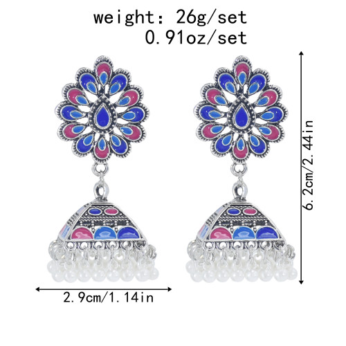 E-5991 Vintage Indian Jhumka Earrings for Women Silver Metal Flower Bells Tassel Earring Wedding Party Jewelry