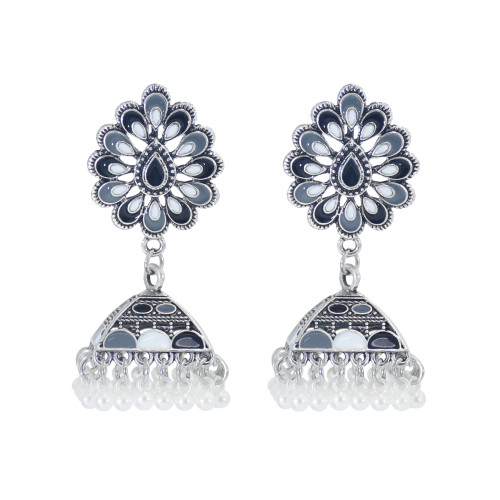 E-5991 Vintage Indian Jhumka Earrings for Women Silver Metal Flower Bells Tassel Earring Wedding Party Jewelry