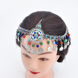 F-0830 Vintage Silver Metal Acrylic Beads Coin Tassel Headbands for Women Boho Turkish Tribal Party Hair Jewelry