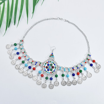 F-0830 Vintage Silver Metal Acrylic Beads Coin Tassel Headbands for Women Boho Turkish Tribal Party Hair Jewelry