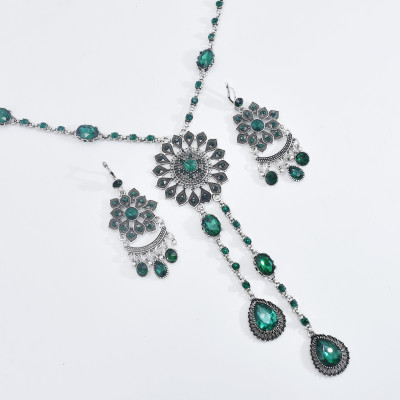 N-7451 Vintage silver color Rhinestone tassel necklace earring set female bohemian gypsy party jewelry set