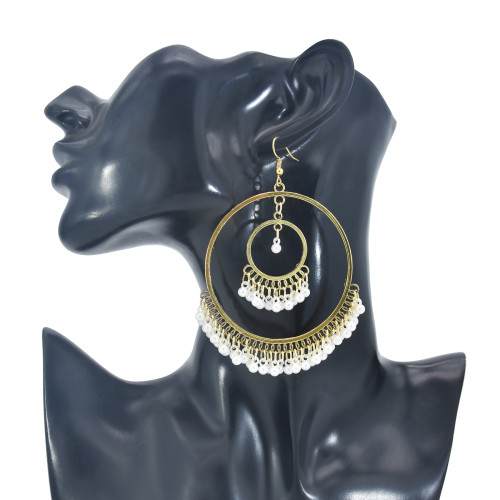 E-5998 Bohemian Big Geometric Vintage Silver Gold Metal Pearls Tassel Earrings for Women Indian Party Jewelry