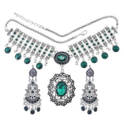N-7455 Bohemian Vintage silver color Black Green Rhinestone tassel necklace hoop earring set female gypsy party Jewelry set