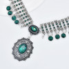 N-7455 Bohemian Vintage silver color Black Green Rhinestone tassel necklace hoop earring set female gypsy party Jewelry set