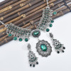N-7455 Bohemian Vintage silver color Black Green Rhinestone tassel necklace hoop earring set female gypsy party Jewelry set