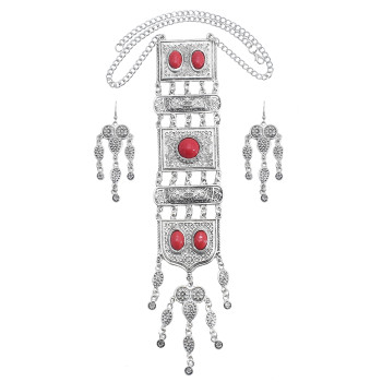 N-7457 Boho Vintage Silver Color Metal Red Blue Stone Necklaces Bracelets Earring Sets for Women Gypsy Party Jewelry