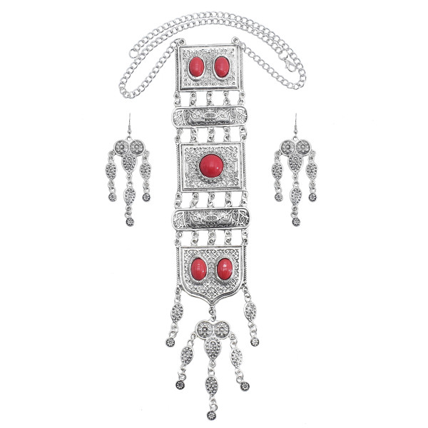 N-7457 Boho Vintage Silver Color Metal Red Blue Stone Necklaces Bracelets Earring Sets for Women Gypsy Party Jewelry