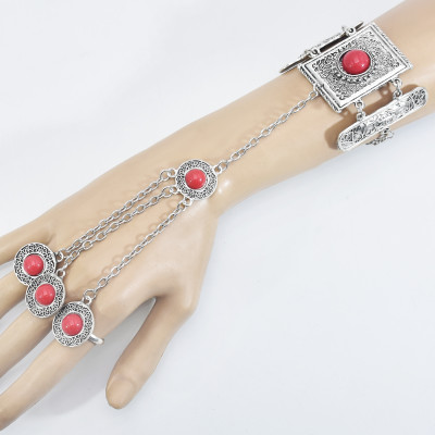 N-7457 Boho Vintage Silver Color Metal Red Blue Stone Necklaces Bracelets Earring Sets for Women Gypsy Party Jewelry