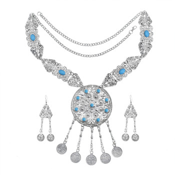 N-7458 Bohemian Vintage Silver-color Alloy Green red stone necklace earrings bracelet with rings Set for women Indian Gypsy Jewelry Set