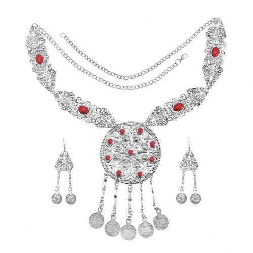 N-7458 Bohemian Vintage Silver-color Alloy Green red stone necklace earrings bracelet with rings Set for women Indian Gypsy Jewelry Set