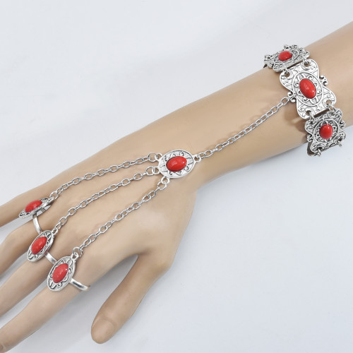 N-7458 Bohemian Vintage Silver-color Alloy Green red stone necklace earrings bracelet with rings Set for women Indian Gypsy Jewelry Set