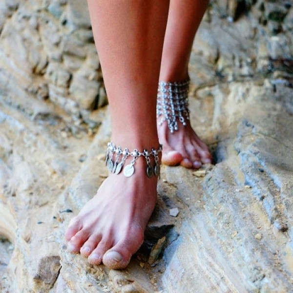 B-0388  Flower Child Silver Coin Anklet. Adjustable Handmade floral design. Boho Gypsy Beachy Ethnic Tribal Festival Jewelry Turkish Bohemian