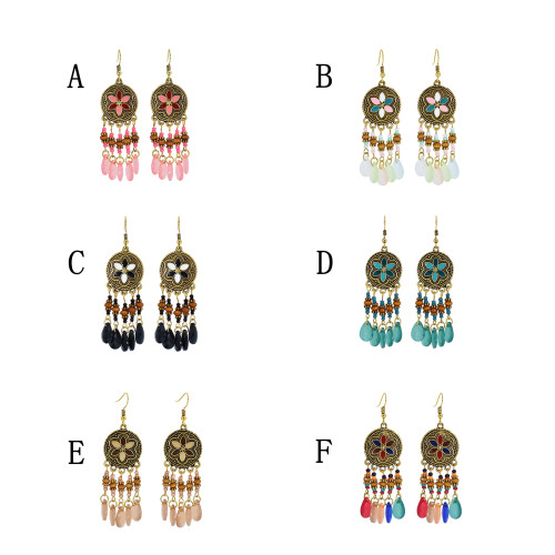 E-6011 7Colors Ethnic Bohemain Acrylic Beads Long Tassel Earrings for Women Carved Flower Indian Party Jewelry Gift