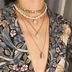 N-7430  Multilayer Pearl Crystal Pendant Choker Necklaces for Women Fashion Layered Thick Chain Necklace