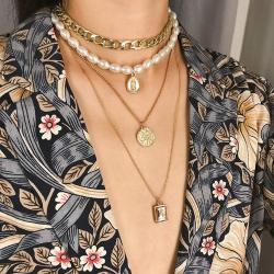 N-7430 Multilayer Pearl Crystal Pendant Choker Necklaces for Women Fashion Layered Thick Chain Necklace