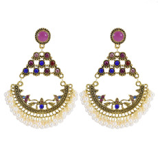 E-6014 Indian Gold Alloy Jhumka Earrings for Women Colorful Rhinestsone Pearl Statement Earring Party Jewelry