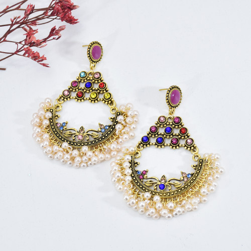 E-6014 Indian Gold Alloy Jhumka Earrings for Women Colorful Rhinestsone Pearl Statement Earring Party Jewelry