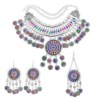 N-7463 Bohemian Vintage Silver Metal Alloy Colorful Crystal Coin choker necklace tassel earrings hairclip Sets Ethnic Dance Jewelry sets