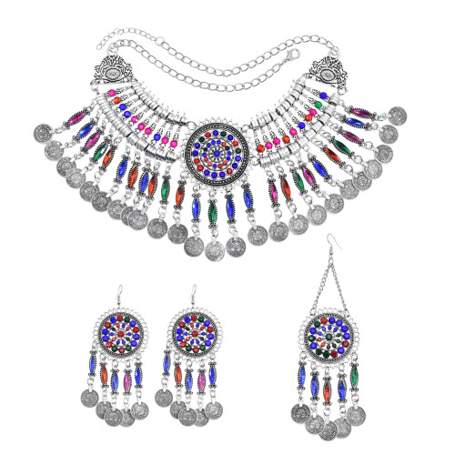 N-7463 Bohemian Vintage Silver Metal Alloy Colorful Crystal Coin choker necklace tassel earrings hairclip Sets Ethnic Dance Jewelry sets