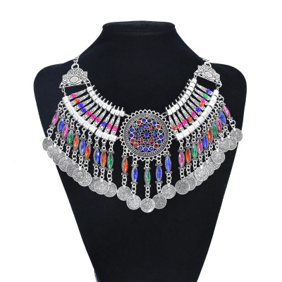 N-7463 Bohemian Vintage Silver Metal Alloy Colorful Crystal Coin choker necklace tassel earrings hairclip Sets Ethnic Dance Jewelry sets