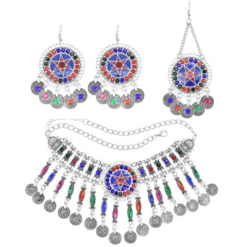 N-7465 Bohemian Vintage Metal Colorful Rhinestone Coin Tassel Statement Necklace Earring Hair Clips Party Indian Jewelry Sets