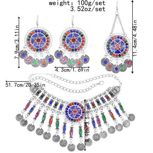 N-7465 Bohemian Vintage Metal Colorful Rhinestone Coin Tassel Statement Necklace Earring Hair Clips Party Indian Jewelry Sets