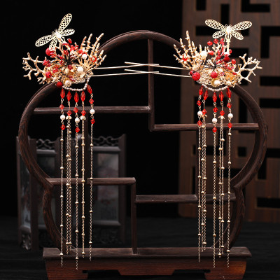 F-0845 The new Xiuhe clothing butterfly headdress Chinese bride's phoenix crown red step tassel Earrings Hairclip Haircomb hairpin Set wedding clothing accessories