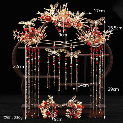 F-0845 The new Xiuhe clothing butterfly headdress Chinese bride's phoenix crown red step tassel Earrings Hairclip Haircomb hairpin Set wedding clothing accessories