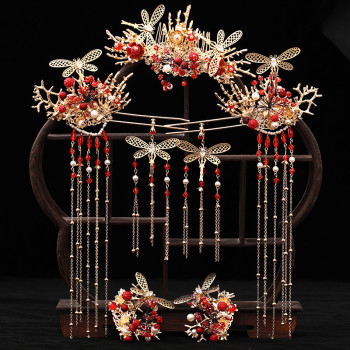 F-0845 The new Xiuhe clothing butterfly headdress Chinese bride's phoenix crown red step tassel Earrings Hairclip Haircomb hairpin Set wedding clothing accessories