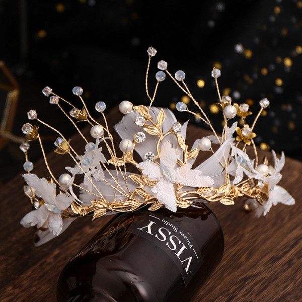 F-0846 Bridal butterfly Feather Headband Crystal Rhinestones Gold Tiara Queens Princess Crown for Women Girls Wedding Birthday
